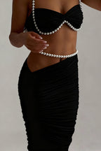 Imalia Stretch Mesh Pearl Trim Gathered Tank and  Detachable Belt Vacation Maxi Skirt Set