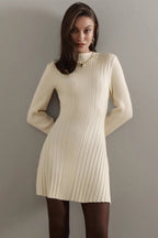 Elegant Playful Mock Neck Long Sleeve ALine Mini Knit Sweater Dress