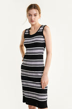 Black Sleeveless Striped Knitted Midi Dress