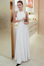 Solid Halter Neck Backless Ruched Maxi Dress