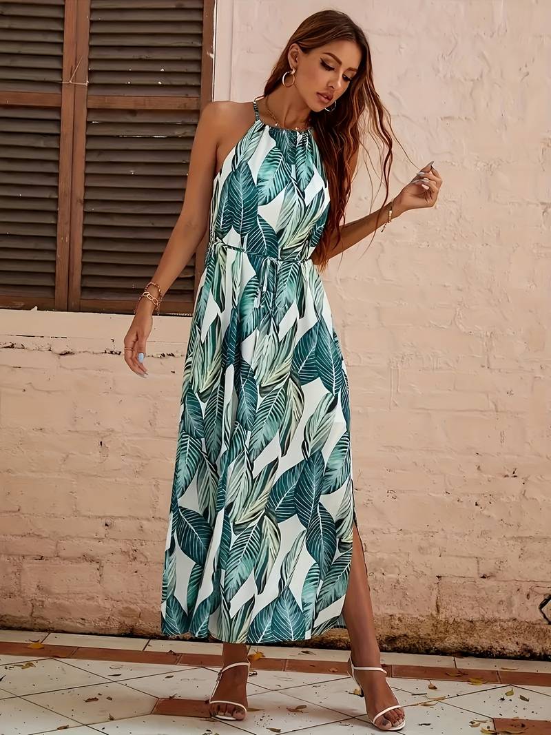 Jocelyn Boutique Halterneck Beach Dress with Leaf Pattern Premium Wardrobe Essential