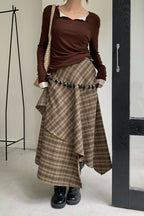 Vintage Asymmetrical Plaid Maxi Skirt