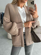 Solid Color V-neck Long-sleeved Casual Knitted Cardigan
