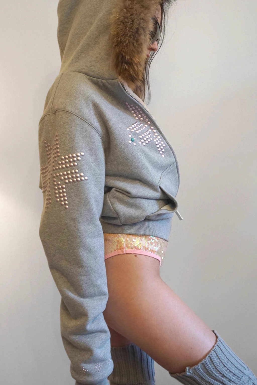 Glam Rhinestone Faux Fur Collar Zip Waist Cinch Hoodie