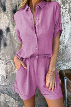 Linen Blend Solid Color Button Lapel Short Sleeve Shirt and Casual Pocket Shorts Set
