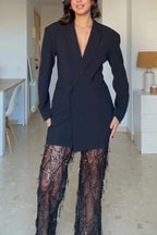 Yulissa Single Button Long Sleeve Fitted Waist Open Back Pocketed Lapel Blazer