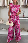 Fashionable Round Neck Shoulder Pads Top and Elastic Waist Pleated Wide-leg Pants Set