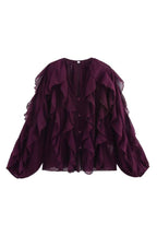 V-Neck Multi-Layer Ruffle Chiffon Lantern Sleeve Blouse