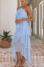 Solid Color Chiffon Halter Neck Elegant Ruffle Maxi Dress