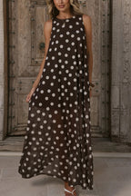 Polka Dot Print Loose Round Neck Sleeveless Mesh Casual Maxi Dress
