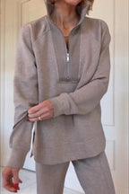 Alfia Ribbed Stand Zipper Neck Long Sleeve Sweatshirt and Button Elastic Waist Pocketed Loose Pants Set