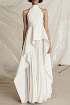 Halter Black White Contrast Pleated Prom Dress