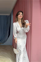 V Neck Printed Waist Belted Elegant Long Sleeve Slim Maxi Floral Dress