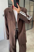 Levvie Striped Trim Long Sleeve Lapel Blazer and Rope Belt Pocketed Wide Leg Pants Set