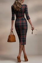 Plaid Print Half Sleeves Fitted Elegant Midi Dress