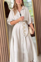 Solid Color Lapel Pocket Pattern Lace-up Loose Maxi Dress