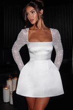 Sexy Plunging Solid Square Neck Lace Panel Long Sleeve Cocktail Dress