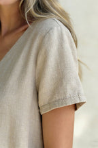 Linen Blend Crew Neck Short-sleeved Top and Elastic Waist Casual Pocket Pants Set
