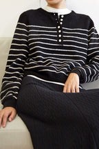 Black Wool-Blend Half-Button Striped Sweater