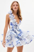 Chic Floral Print V Neck Sleeveless Backless Tulip Mini Dress