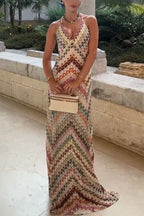 Missoni Summer Knit Colorful Herringbone Print Open Beck Maxi Dress