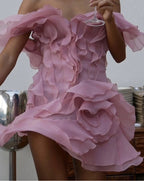 Ruffle Backless Mesh Prom Mini Dress