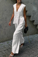V-Neck Sleeveless Ruffled Peplum Top + Wide-Leg Pants Linen Set