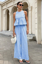 Plaid Ruffle Hem Round Neck Sleeveless Skirt Set