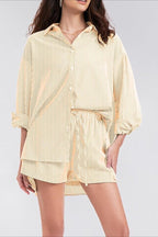 Striped Lapel Long Sleeve Blouse Shorts Set