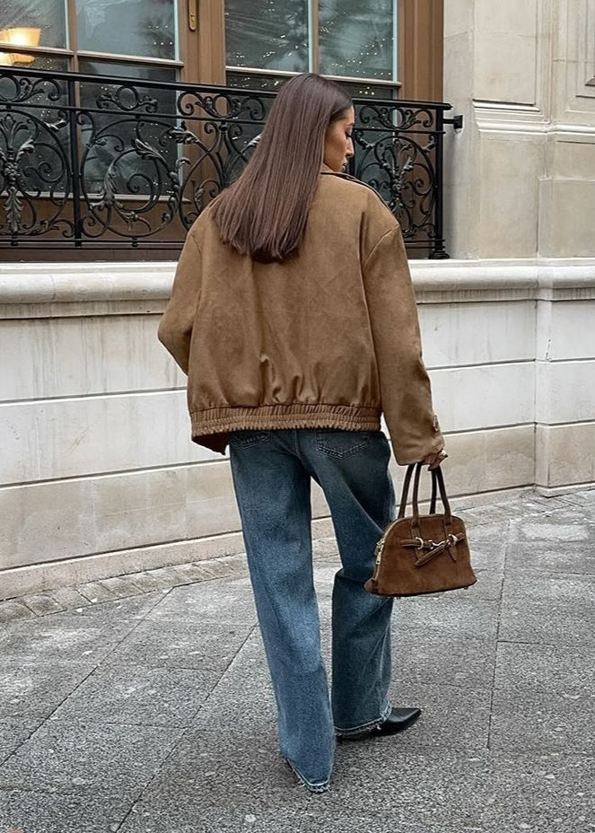 Sienna Faux Suede Bomber Jacket – Oversized Zip-Up with Drop Shoulders