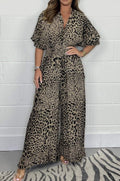 Multi-Color Leopard Print V-Neck Waisted Wide-Leg Jumpsuit