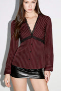 Striped Lace Trim Long-Sleeve Slim Blouse