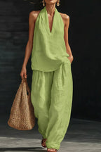 Linen Blend Solid Color V-neck Sleeveless Loose Top and Elastic Waist Casual Pocket Pants Set