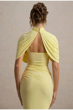 Solid High Neck Pleated Slim Waist Maxi Dress