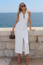 Simple Slit Lapel Sleeveless Midi Dress