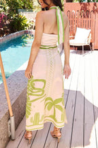 Elegant And Sexy Ethnic Print Slim-Fit Halter Neck Maxi Dress