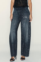 Low Rise Wide Leg Rhinestone Embellished Jeans