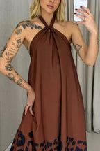 Leopard Print Sexy Halter Neck Backless Loose Maxi Dress
