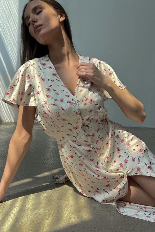 V Neck Tie Waist Short Sleeve Shirt Floral Dress