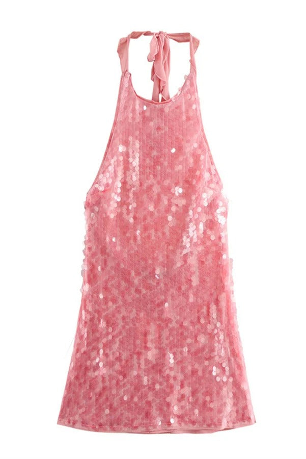 Katherine Aesthetic Backless Halterneck Mini Dress with Rose Disc Pattern and Sequins Designer Edit