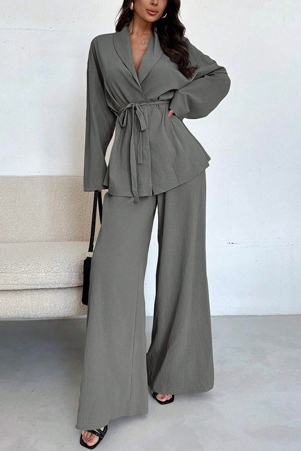 Solid Color Collared Long-sleeved Tie-waist Loose Top and Elastic Waist Casual Wide-leg Pants Set