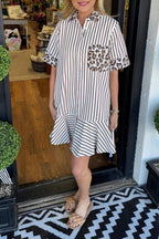 Women's Striped Animal Print Contrast Button Down Dress