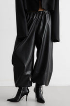 Drawstring Cuff PU Leather Relaxed Pants