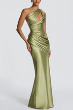 Emina Satin One Shoulder Asymmetrical Neck Cutout Back Lace-up Drape Maxi Dress