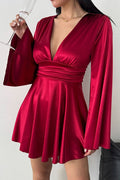 Solid Color V-neck Flared Long Sleeves Slim-fit Elegant Mini Dress