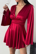 Solid Color V-neck Flared Long Sleeves Slim-fit Elegant Mini Dress