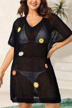 Floral-decorated V-neck Short-sleeved Crochet Cover-up Vacation Mini Dress