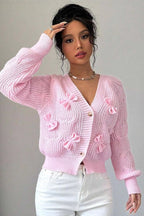Solid Long-Sleeve Bow-Knot Knit Cardigan