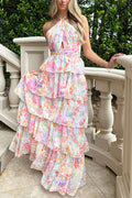Harmony Floral Print Tiered  Ruffle Cross Halter Backless Vacation Maxi Dresses