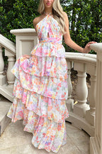 Harmony Floral Print Tiered  Ruffle Cross Halter Backless Vacation Maxi Dresses